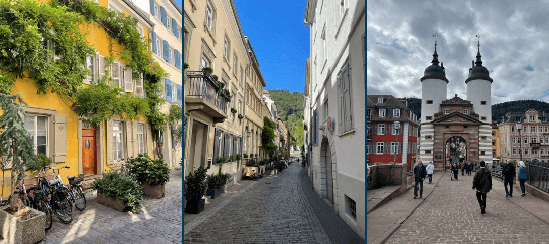 Three photos of the streets of Heidelberg, Germany (L to R: A yellow house with green bushes, a winding old cobblestone street, and an impressive old castle gate)